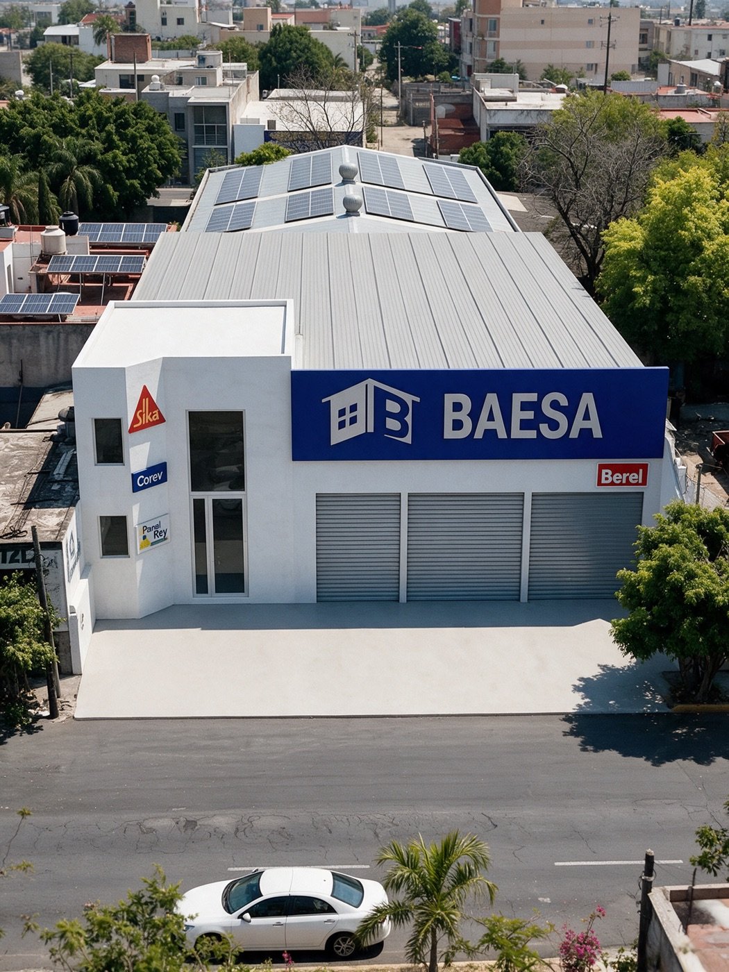 Vista aérea del edificio de BAESA con su letrero azul y los logos de Sika, Corev, Panel Rey y Berel
